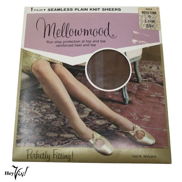 Vintage Nylon Stockings Original Package Mellowmood 1 Pair Beige Sz 9 - Hey Viv - Picture 1 of 4